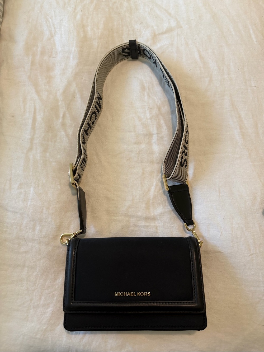 Michael Kors Black Crossbody Bag with Branded Beige Strap